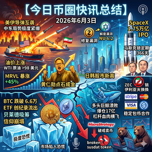 全网爆仓17亿BTC跌破6.6万!美伊导弹互飞和谈陷僵局,微策略卖币余震引发89亿浮亏对比,SpaceX 1.75万亿史诗级IPO,黄仁勋喊单MRVL暴涨,支付巨头联手入局稳定币