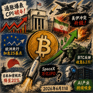 美国CPI破4欧洲央行率先加息!美军连炸伊朗,甲骨文AI支出压垮股价,SpaceX万亿IPO遭议员阻击,BTC收复6.2万巨鲸爆赚,日本拟降加密税至20%
