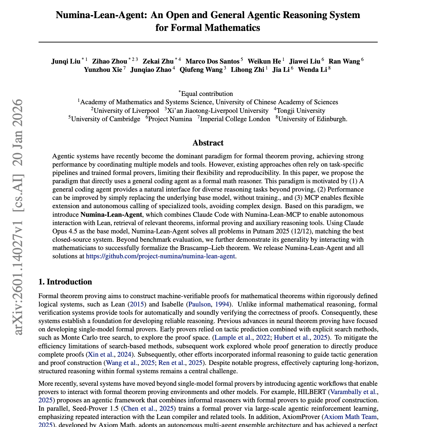【第567期】Numina-Lean-Agent：通用数学形式化推理系统