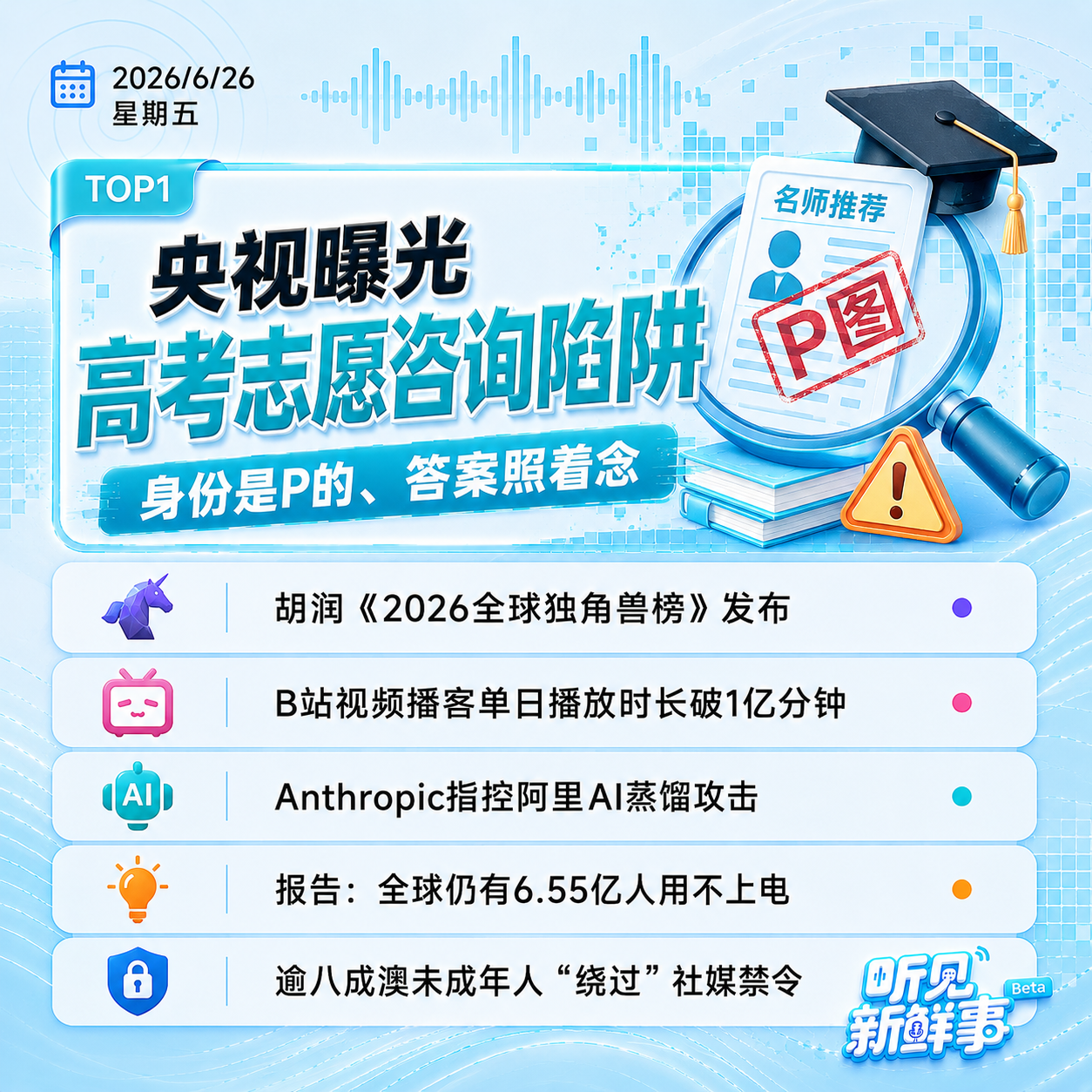 0626｜央视曝高考志愿咨询陷阱；全球独角兽榜发布；B站视频播客播放时长破记录 episode artwork