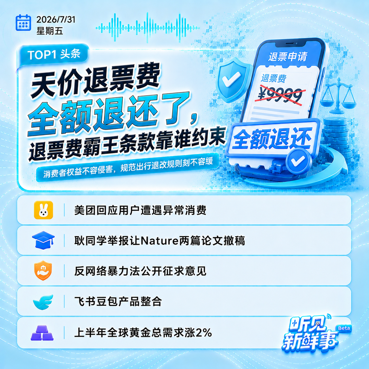 0731｜天价退票费全额退还了；美团回应用户异常消费；美联储维持利率不变 episode artwork