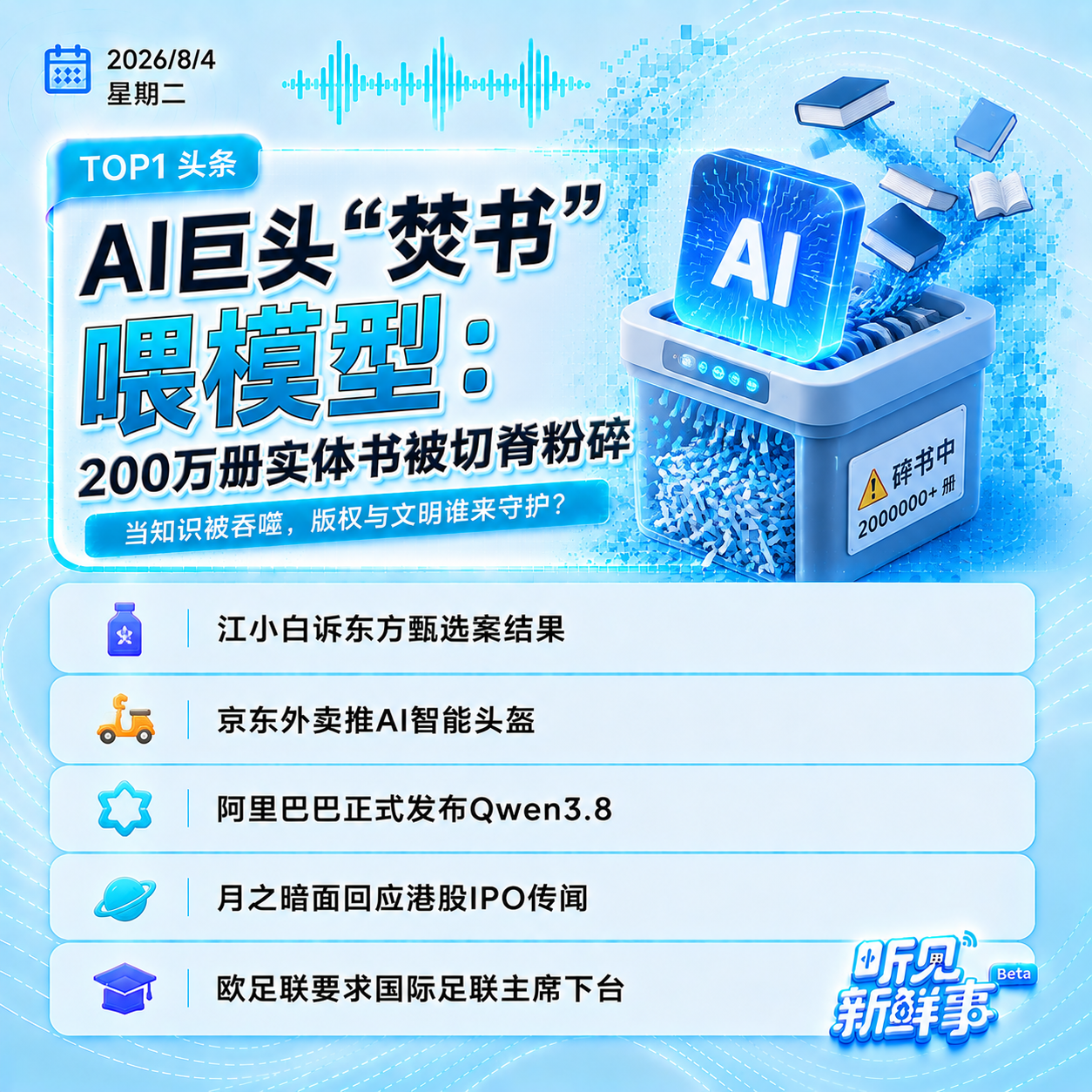 0804｜AI“焚书”争议；欧足联要求因凡蒂诺辞职；美制裁洽洽思念引群嘲 episode artwork