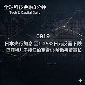 0919 日本央行加息至1.25%日元反而下跌 巴菲特儿子接任伯克希尔·哈撒韦董事长