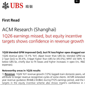 瑞银:盛美半导体一季报不及预期,股权激励透出增长底气