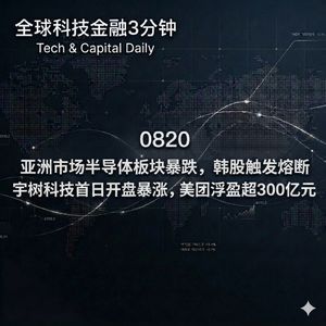 0820 亚洲市场半导体板块暴跌，韩股触发熔断 宇树科技首日开盘暴涨，美团浮盈超300亿元