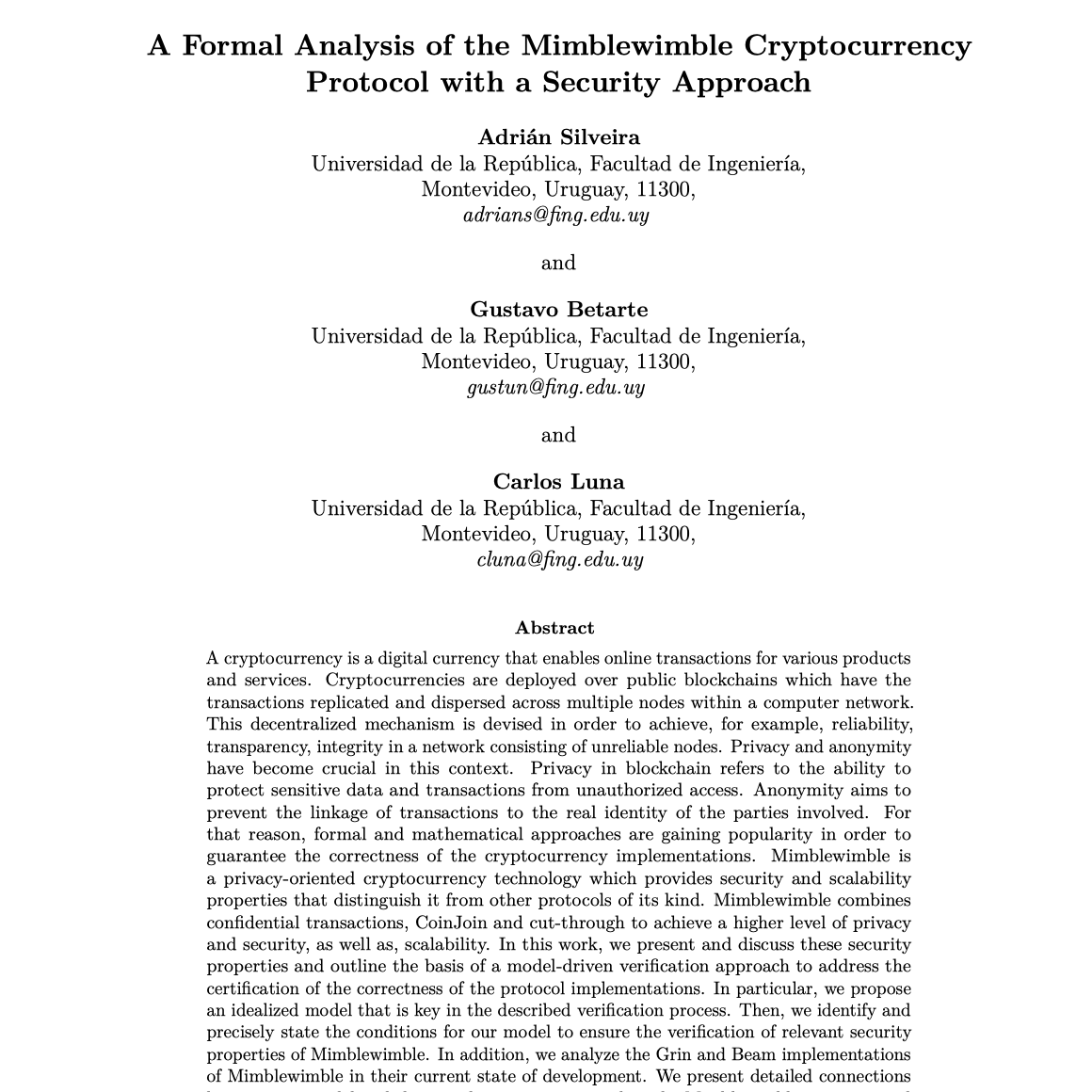 【第521期】Mimblewimble加密货币协议的形式化安全分析