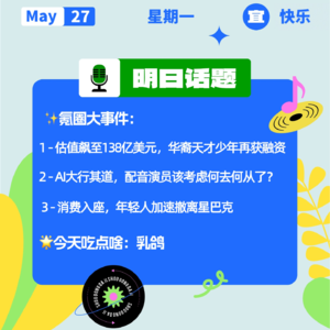 估值飙至138亿美元，华裔天才少年再获融资；AI大行其道，配音演员该考虑何去何从了？｜开工大吉0527