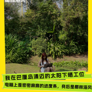 我在巴厘岛清迈的太阳下晒工位｜电脑上是密密麻麻的进度条，身后是椰林海风