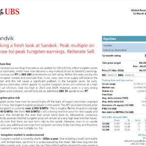 瑞银：山特维克——钨价与估值的双重危机