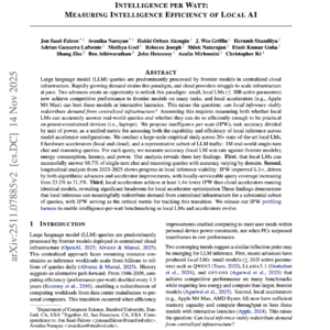 【第478期】Intelligence Per Watt:本地人工智能的智能功耗效率测量
