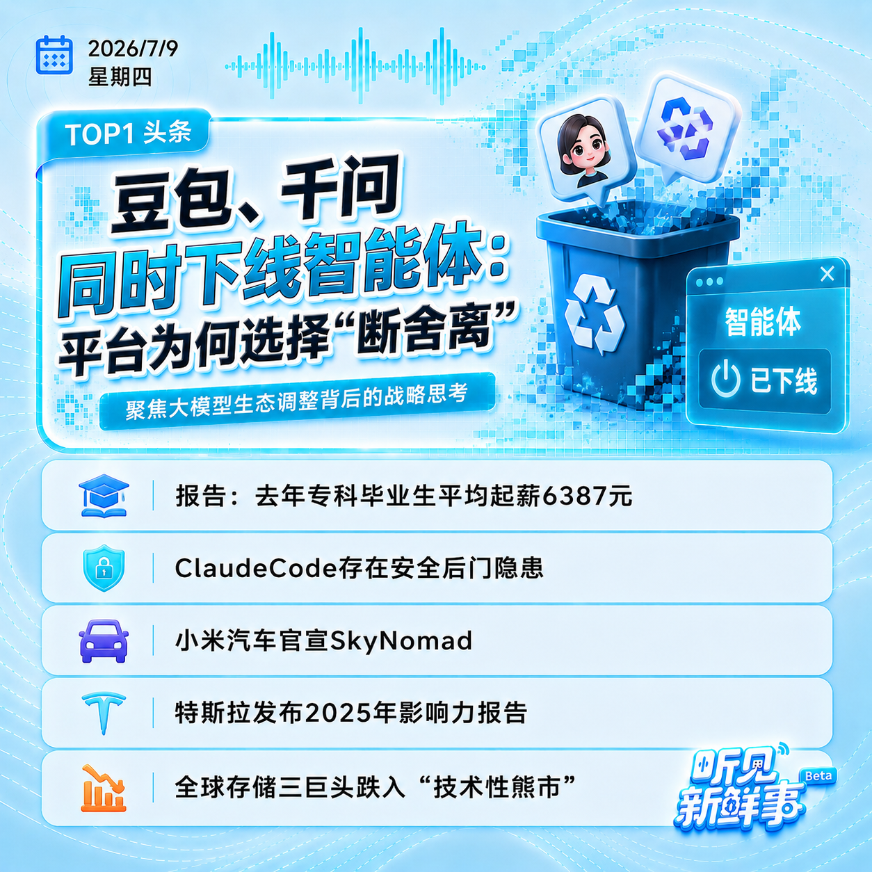 0709｜多个智能体下线;Papi酱AI单曲爆火;蚂蚁森林换新;小米汽车官宣SkyNomad episode artwork