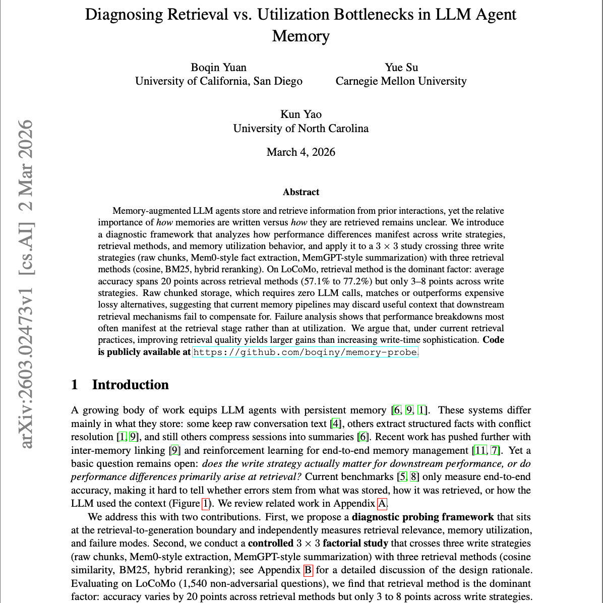 【第570期】大模型智能体记忆检索与写入策略诊断研究