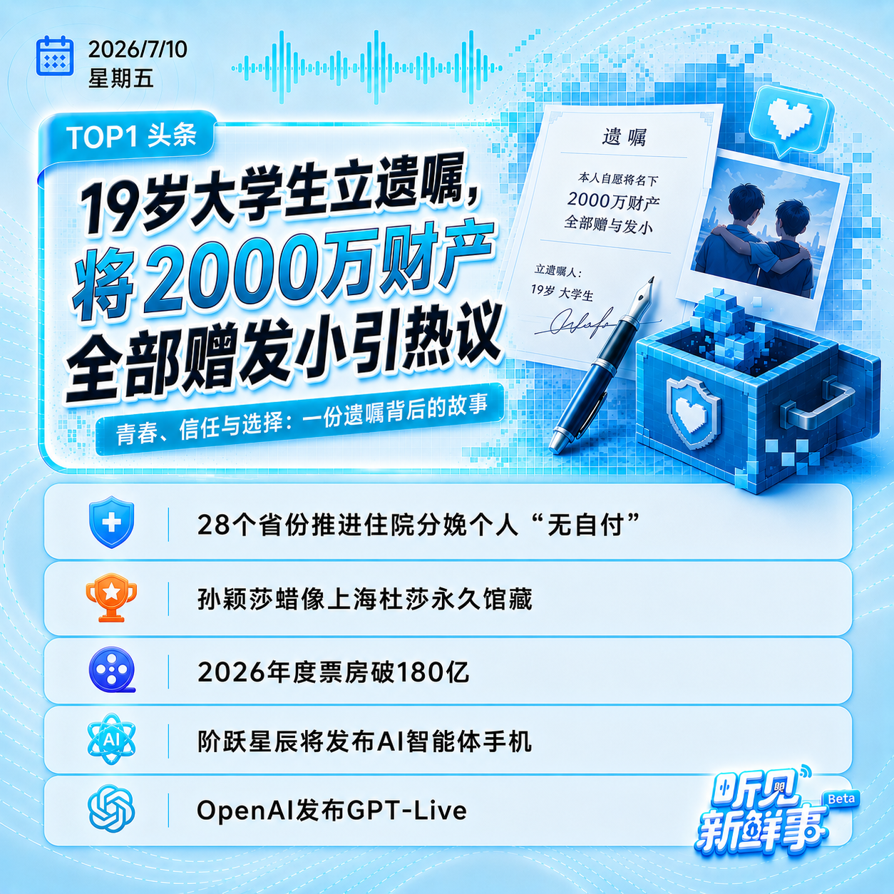 0710｜19岁大一生立遗嘱将2000万财产赠好友;孙颖莎蜡像上海杜莎永久馆藏 episode artwork