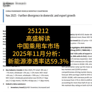 高盛解读中国乘用车市场2025年11月分析：新能源渗透率达59 3%