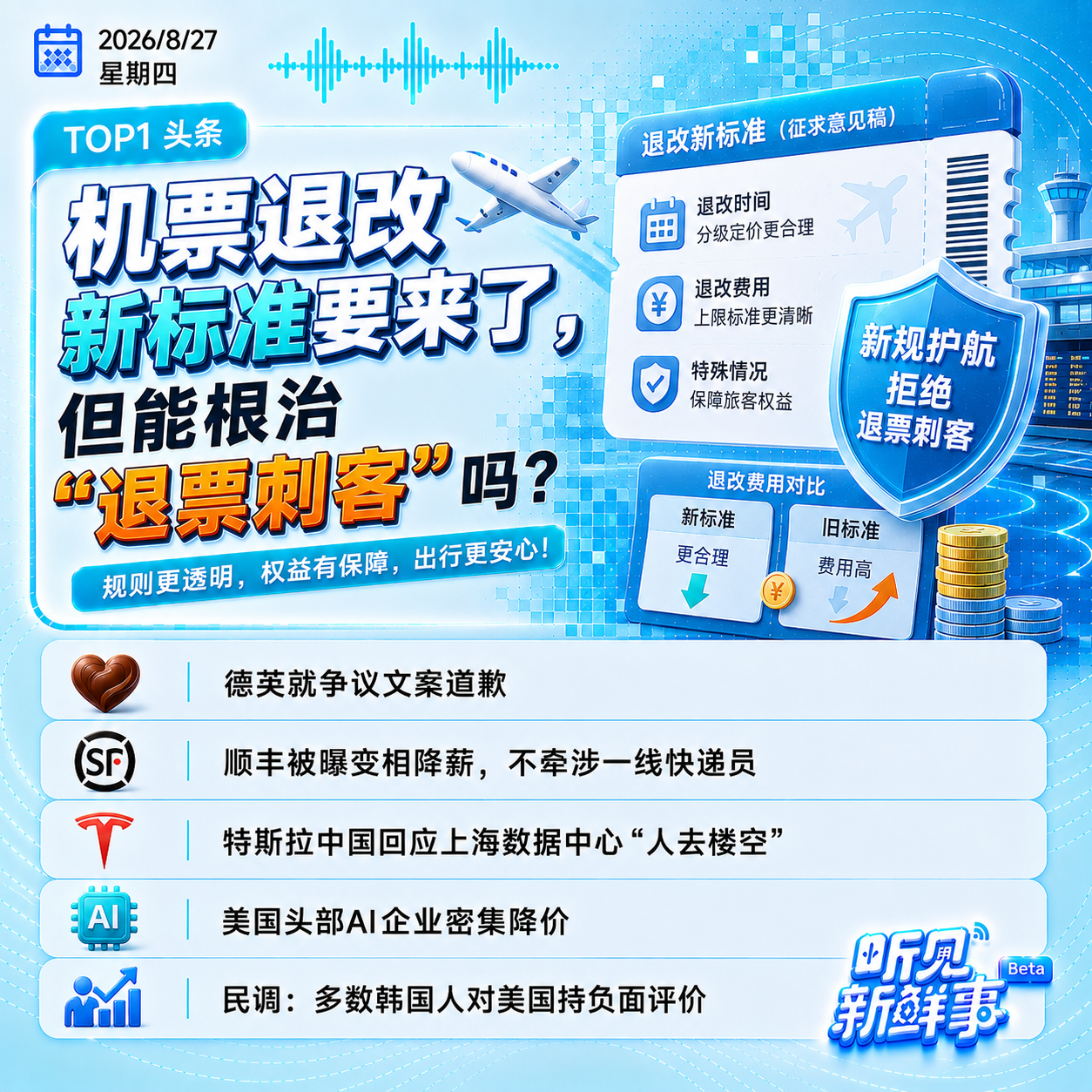 0827｜机票退改新规来了;德芙道歉;顺丰被曝变相降薪;美国AI企业密集降价 episode artwork
