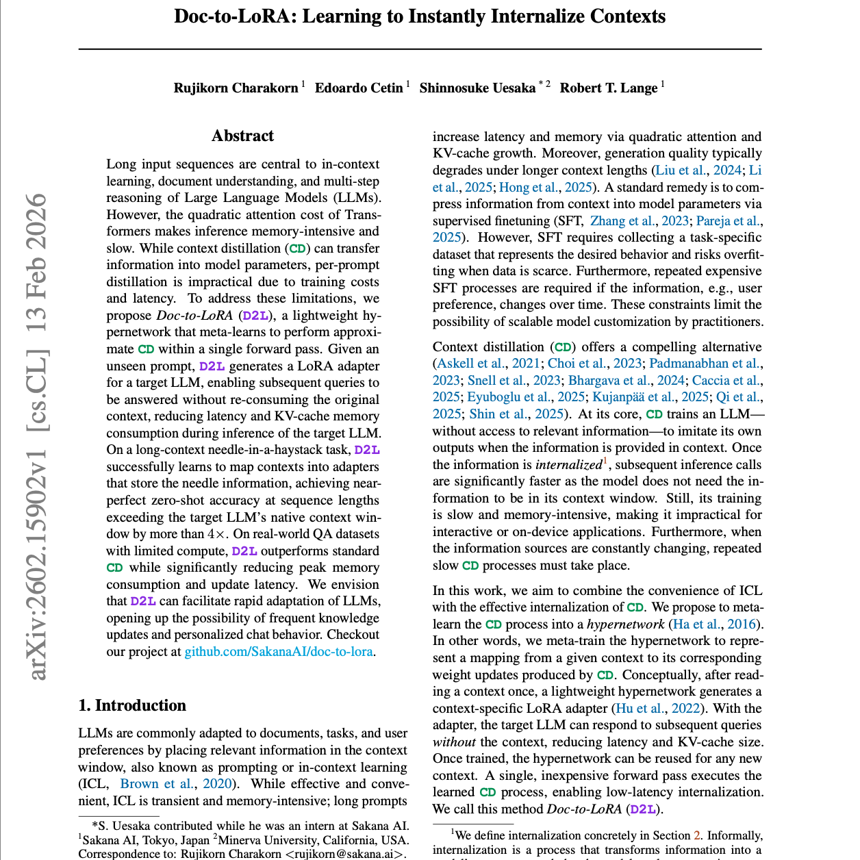 【第560期】Doc-to-LoRA：学习即时将上下文内化为模型参数