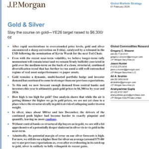摩根大通：黄金2026年末达6300美元/盎司，白银需警惕回调