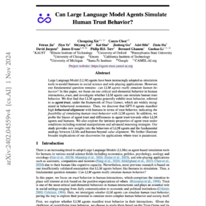 【第88期】LLM Agent能否模拟人的信任行为？