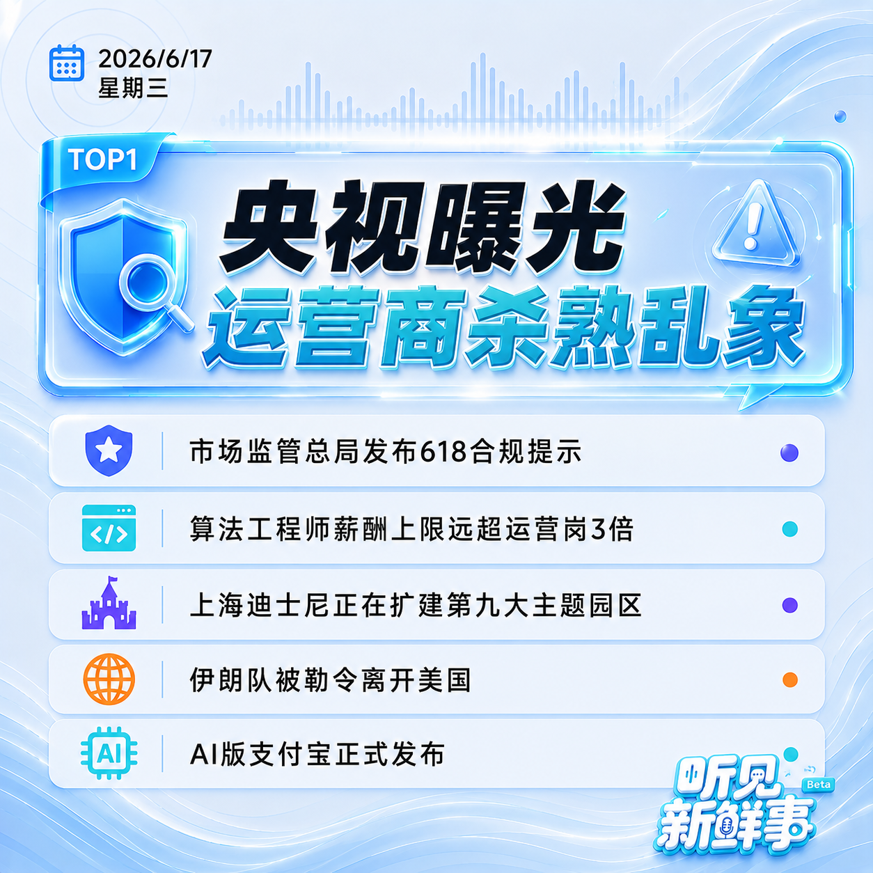 0617｜央视曝光运营商杀熟乱象;伊朗队被勒令离开美国;AI版支付宝开启邀测 episode artwork